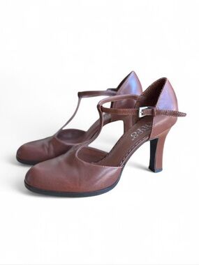 Franco Sarto Mary Jane T-strap Heels Brown Leather Buckle Pumps Women's Size 7M